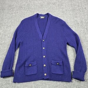 Vintage Essley Cardigan Sweater Mens XL Purple Ribbed Knit Gold Button‎ Pockets
